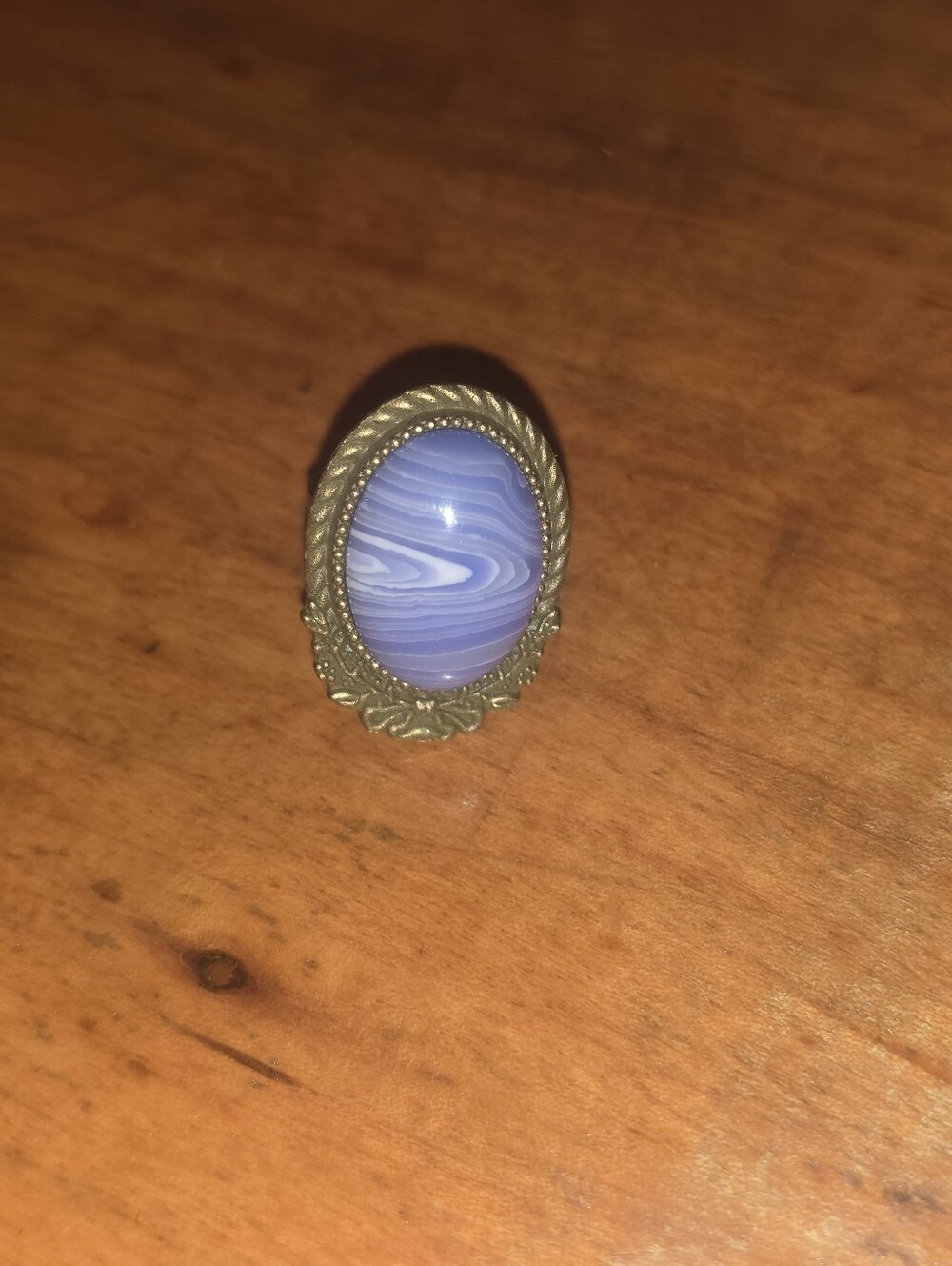 Blue Lace Agate Gemstone In A Bronze Tone Adjustable Ring